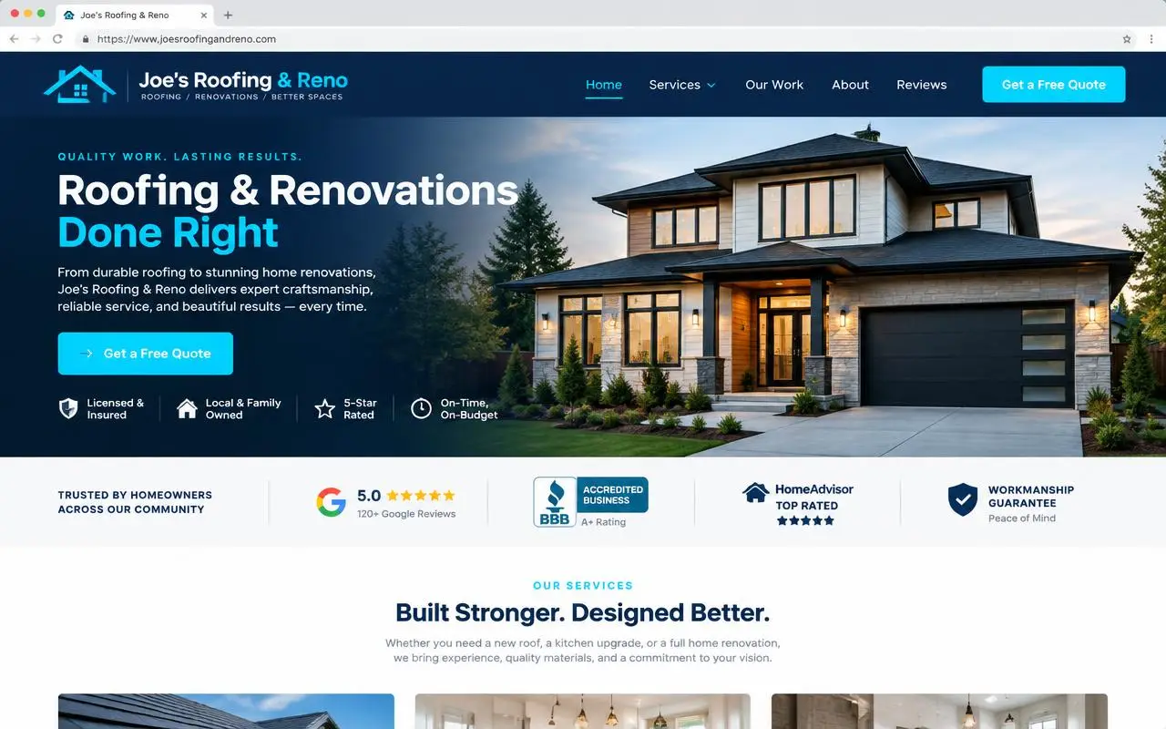 Sample of a clean, modern contractor website with a clear Get a Free Quote button