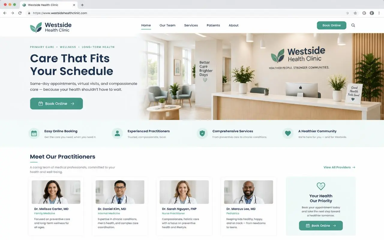 Sample of a calm, modern clinic website with a prominent Book Online button