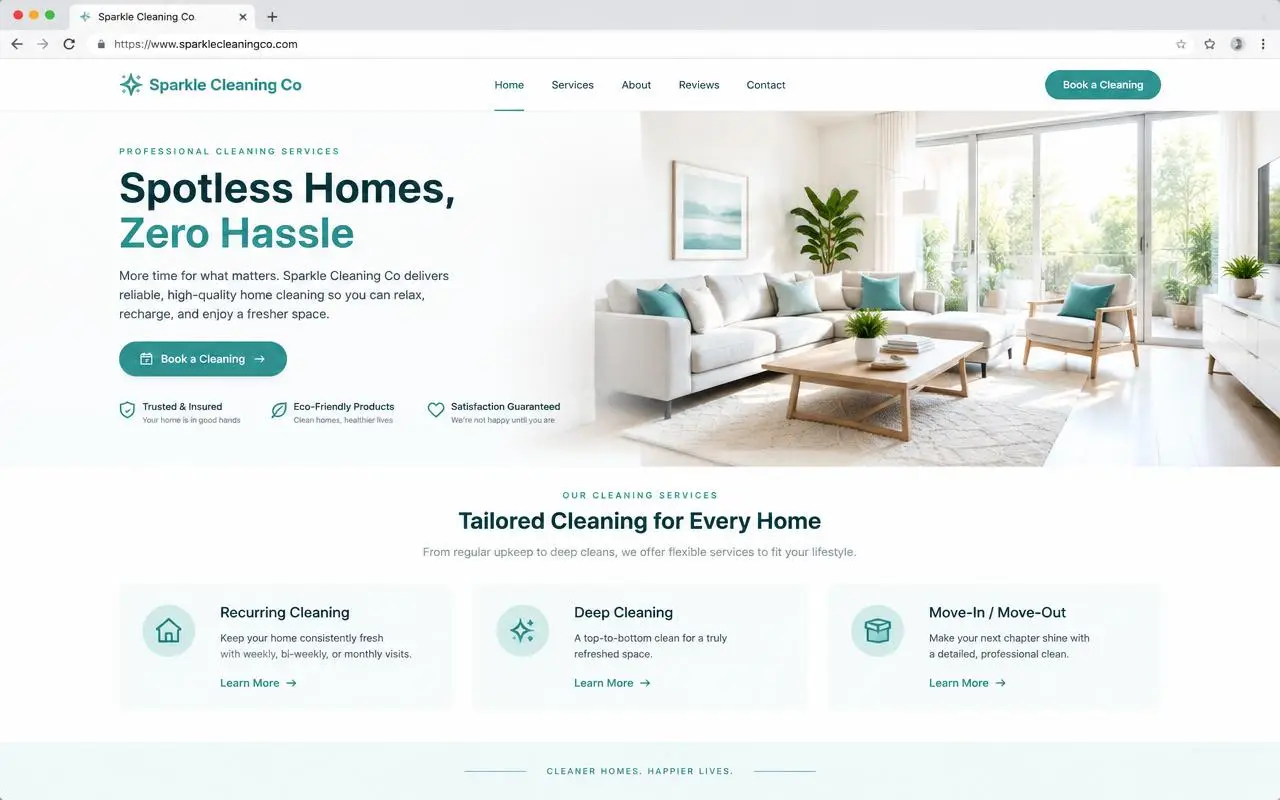 Sample of a fresh, modern cleaning company website with a Book a Cleaning button