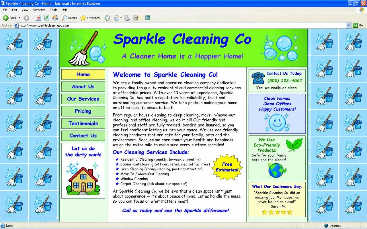 Sample of an outdated cleaning company website with clip-art and walls of text