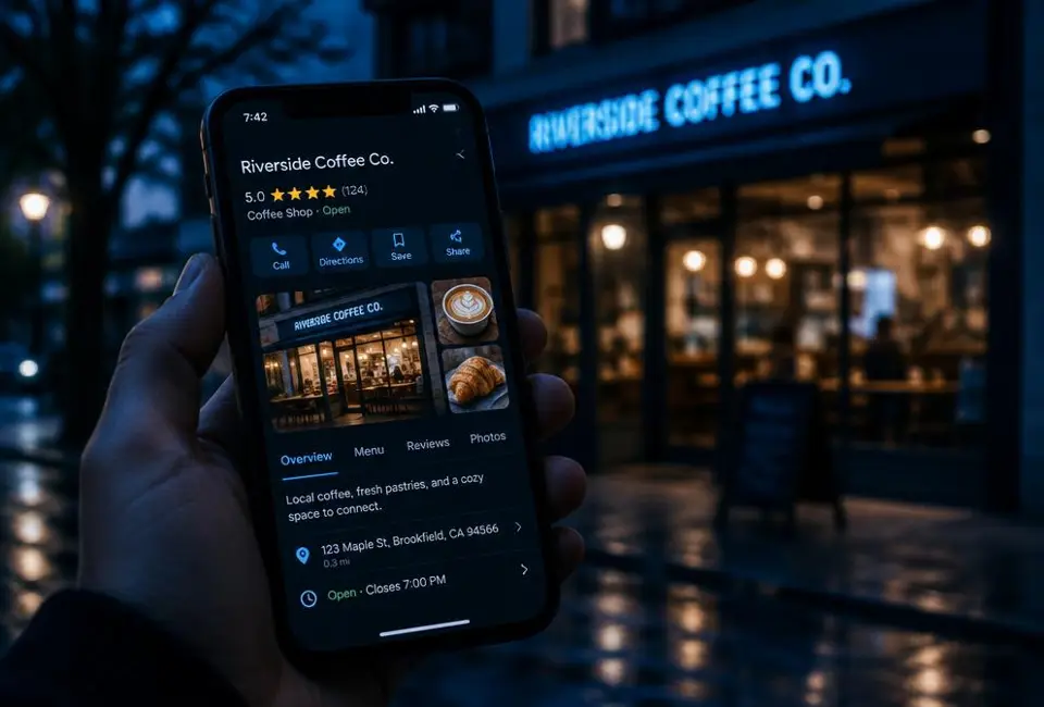 Phone showing a local business listing in front of a storefront