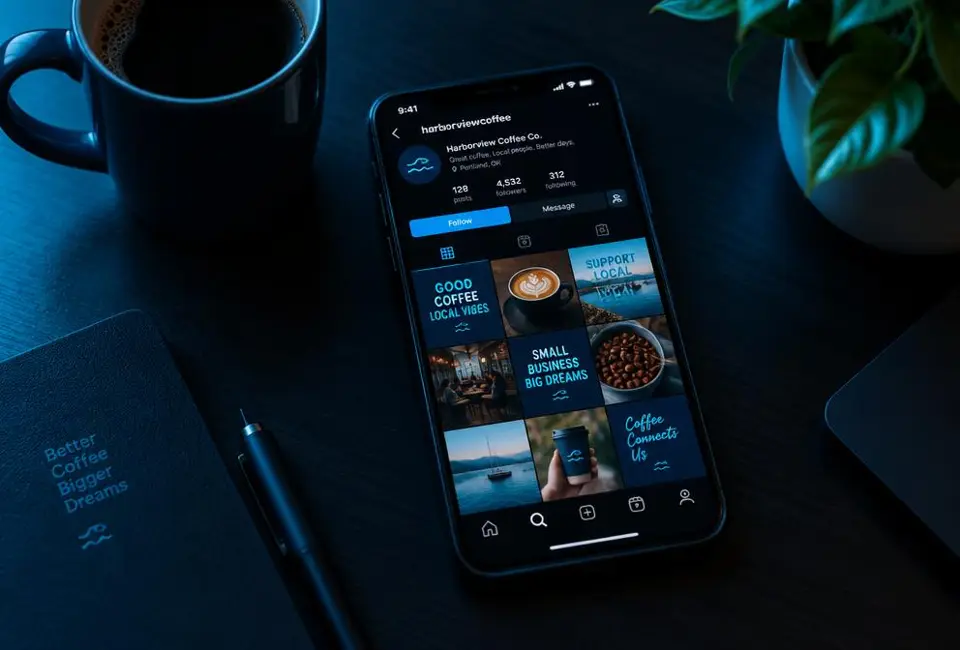 Phone showing a grid of social media posts for a local business
