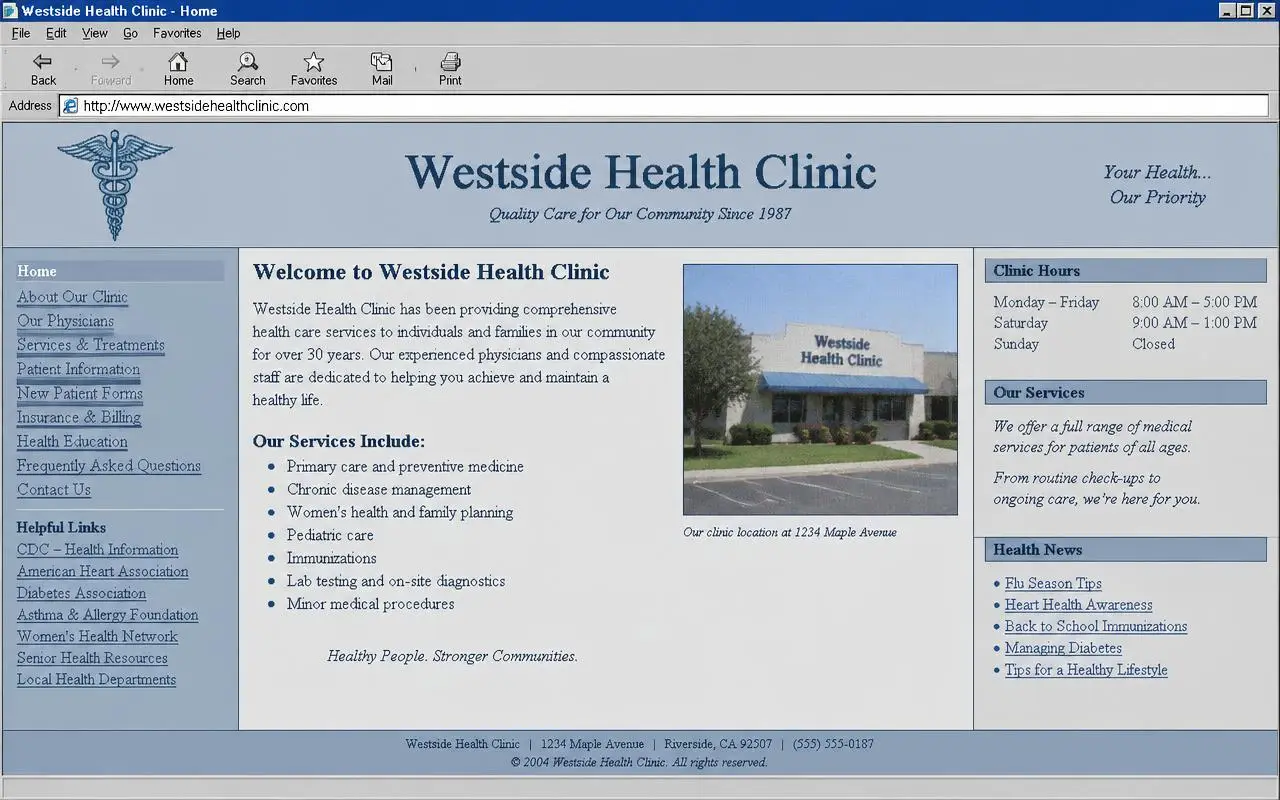 Sample of an old grey clinic website with no clear booking option