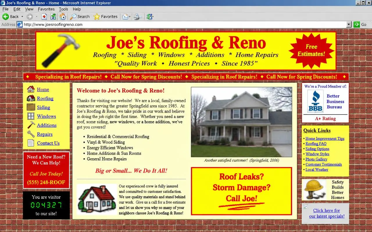Sample of a dated, cluttered contractor website with a brick background and crowded links