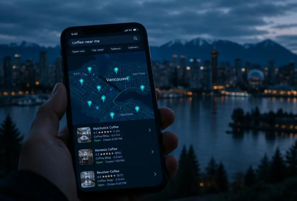 Phone showing a local map search over Vancouver at dusk