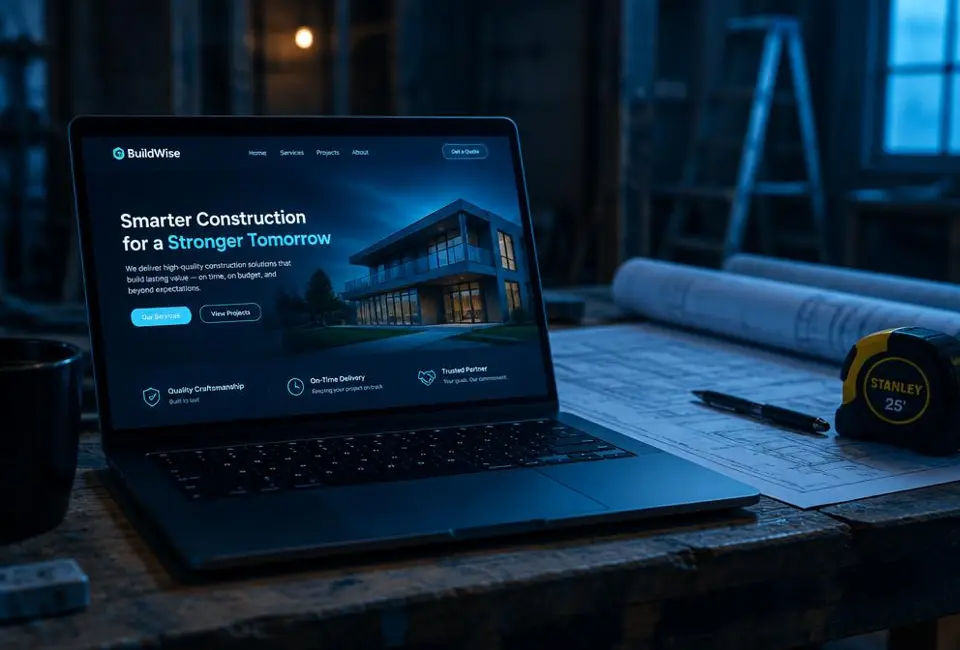 Laptop on a contractor's workbench showing a modern construction website