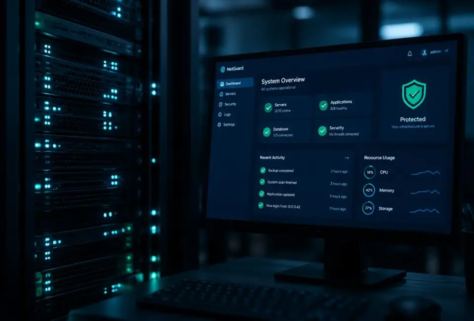 Monitor showing a website health dashboard beside a server rack
